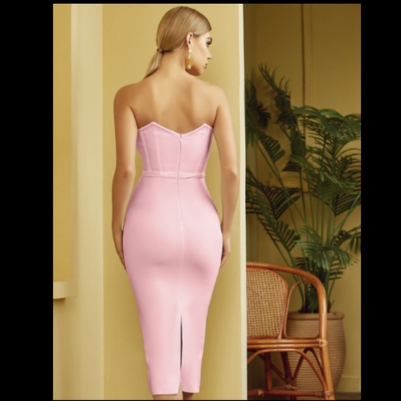 NEW! DESIGNER COUTURE PINK STRAPLESS RUFFLE BANDAGE DRESS TEXTURED RUFFLE BOW - Picture 7 of 11